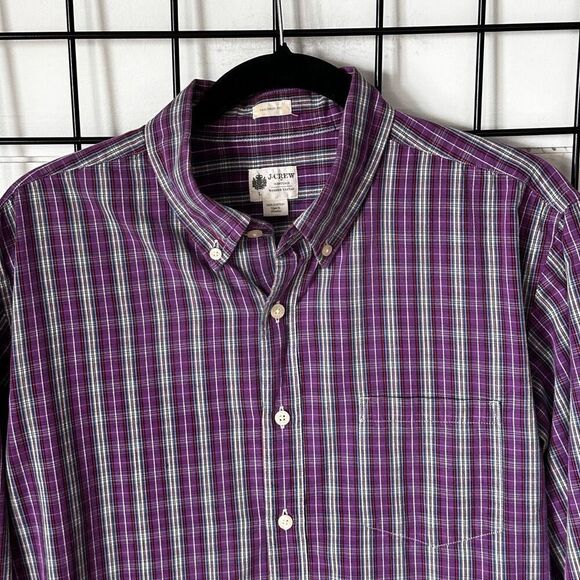 J. Crew Washed Tartan Plaid LS Button Up Shirt Mens L Purple Preppy Tailored - Picture 1 of 8
